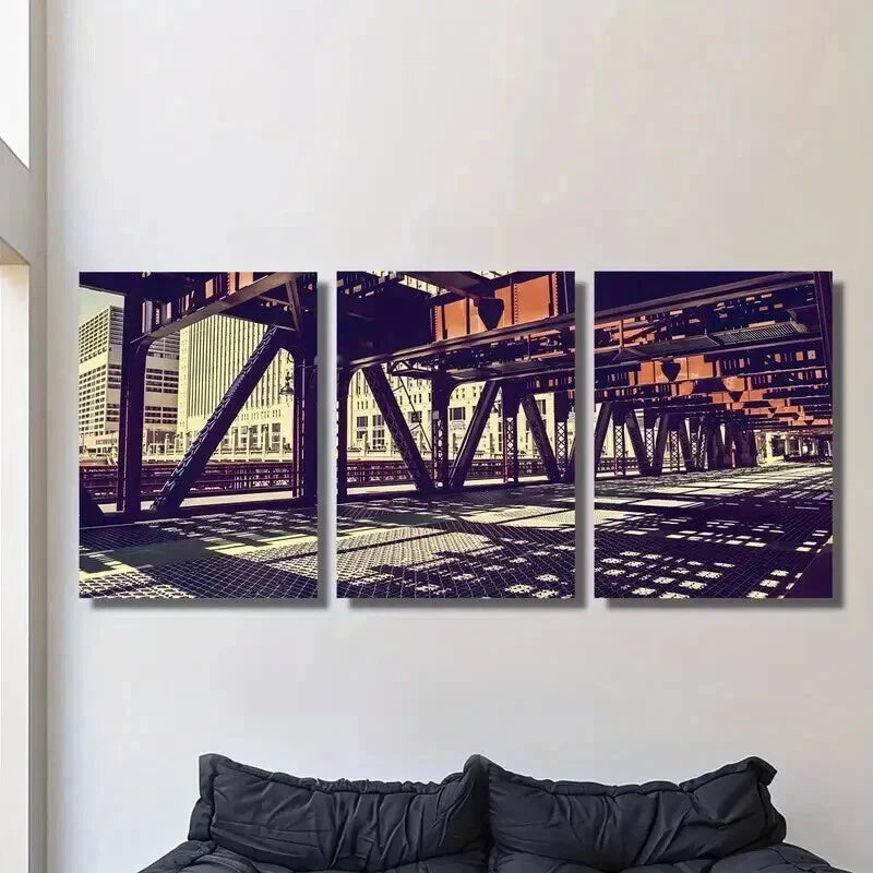3pcs Chicago Illinois Bridge Architecture Wall Art Set Canvas Framed 60x90cm - High Quality Print 100% Australian Made Wall Canvas Ready to Hang