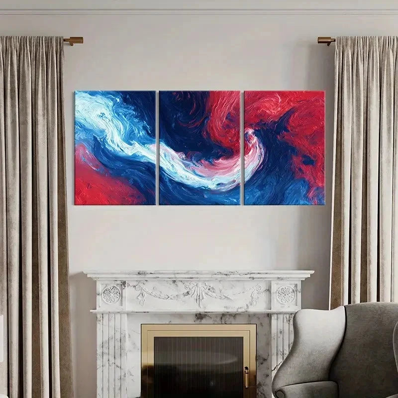 3pcs Abstract Art, Red Blue White Waves Wall Art Set Canvas Framed 60x90cm - High Quality Print 100% Australian Made Wall Canvas Ready to Hang