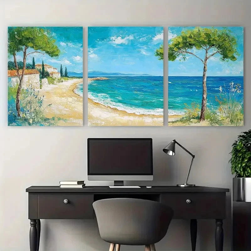 3pcs Mediterranean Beach Painting On Wall Art Set Canvas Framed 40x60cm - High Quality Print 100% Australian Made Wall Canvas Ready to Hang