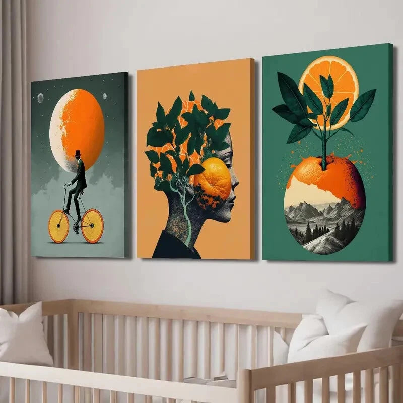 3pcs Abstract Fruit Bicycle People Décor Perfect Wall Art Set Canvas Framed 40x60cm - High Quality Print 100% Australian Made Wall Canvas Ready to Hang