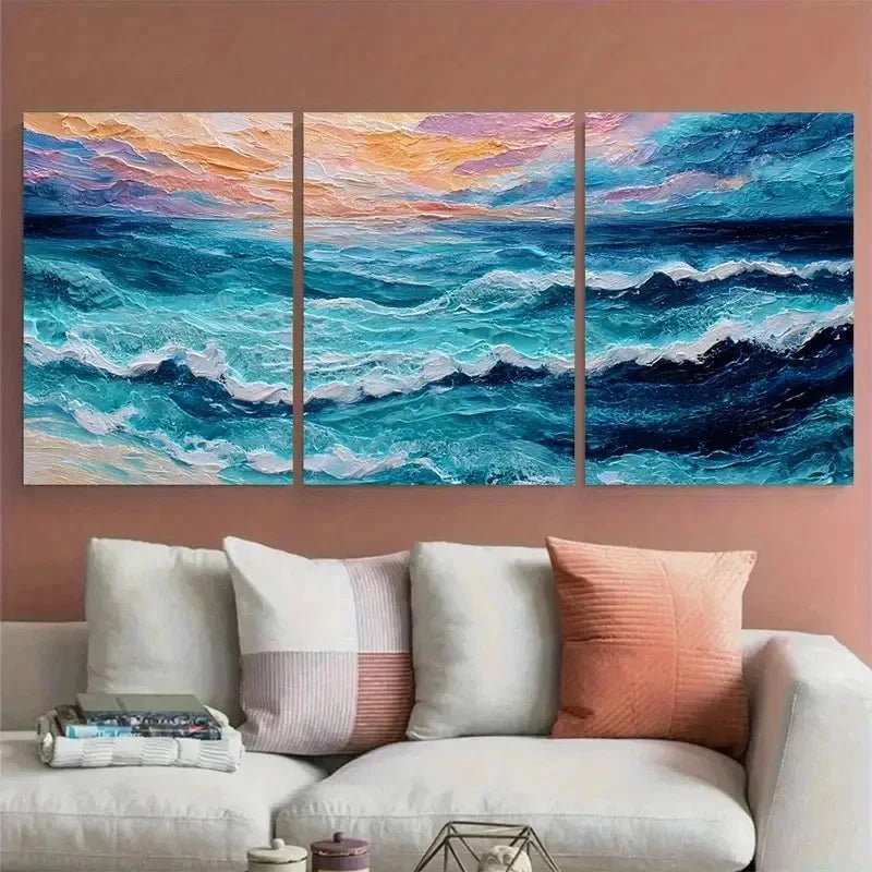 3pcs Abstract Textured Sea Landscape Perfect Wall Art Set Canvas Framed 60x90cm - High Quality Print 100% Australian Made Wall Canvas Ready to Hang