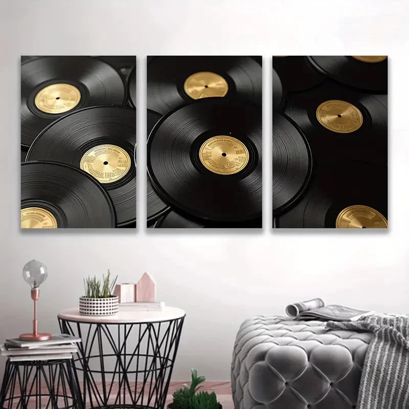3pcs Golden & Black Vinyl Record Stacked Design Wall Art Set Canvas Framed 40x60cm - High Quality Print 100% Australian Made Wall Canvas Ready to Hang