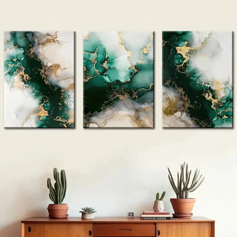 3pcs Modern Emerald Green & Gold Abstract Wall Art Set Canvas Framed 40x60cm - High Quality Print 100% Australian Made Wall Canvas Ready to Hang