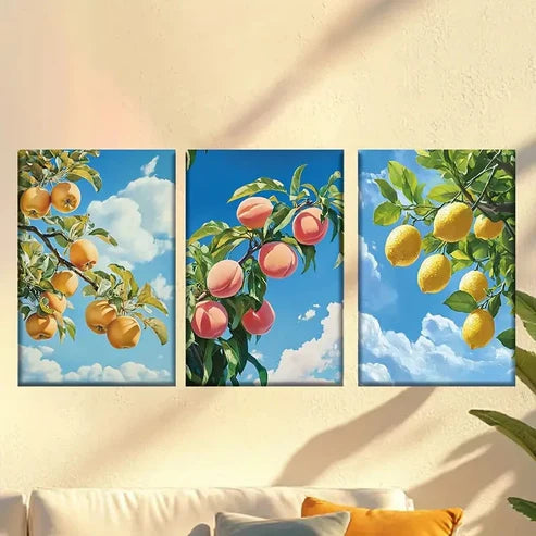 3pcs Delicious Apples, Peaches and Lemons Wall Art Canvas Unframed - High Quality Print 100% Australian Made Wall Canvas
