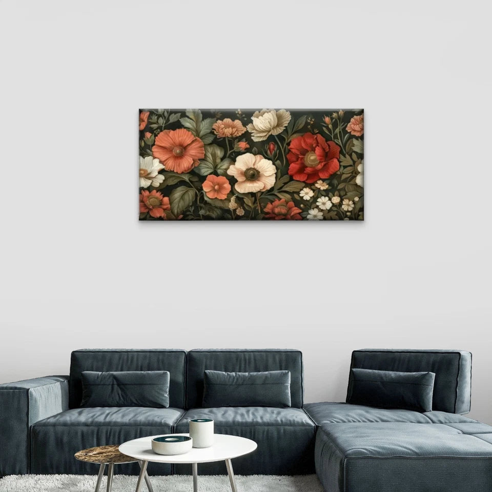Floral Red White Flowers Wall Art Canvas Office Home Room Framed 120x60cm