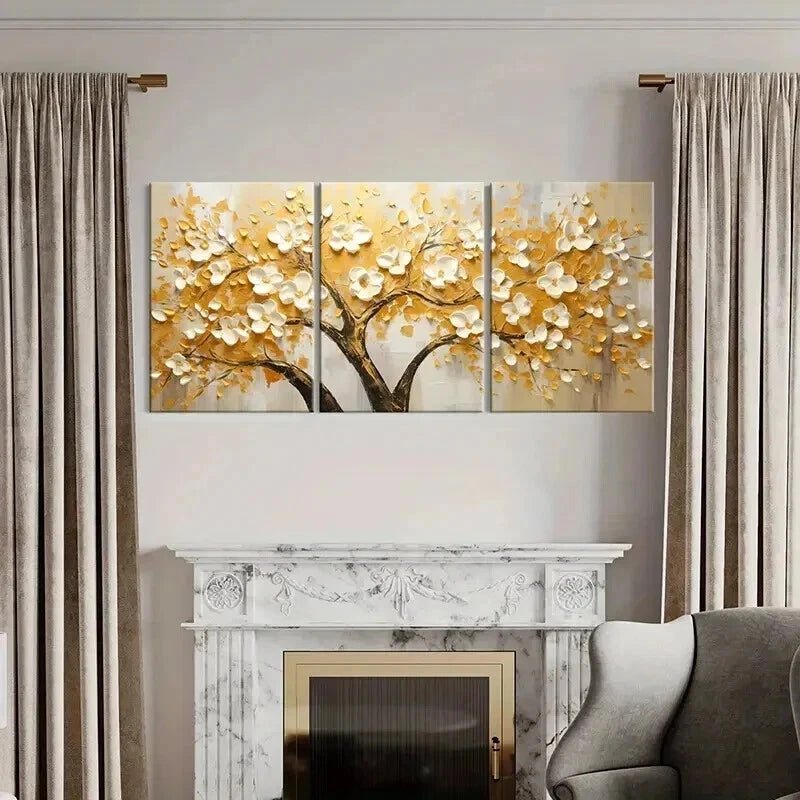 3pcs Abstract Golden Leaf White Flowers Wall Art Set Canvas Framed 40x60cm - High Quality Print 100% Australian Made Wall Canvas Ready to Hang