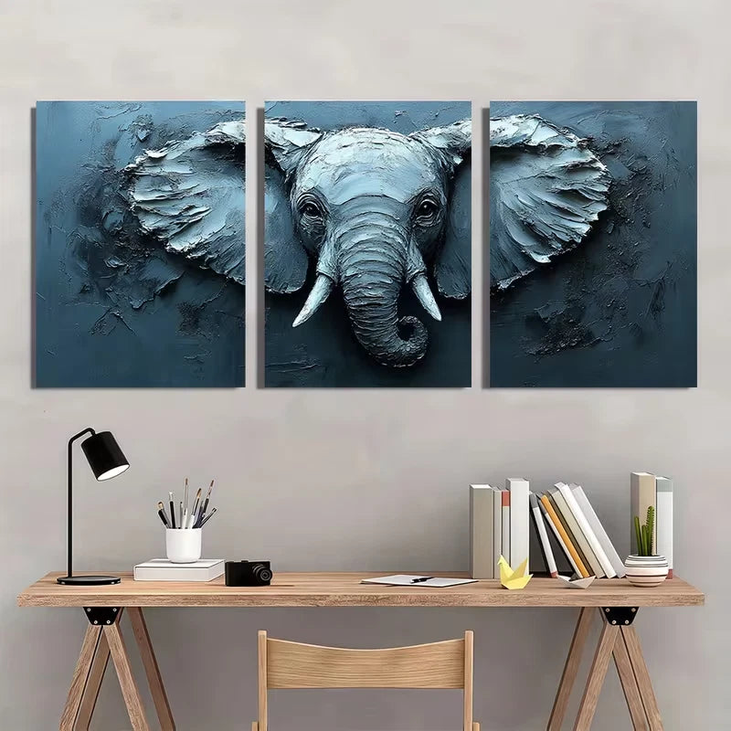 3pcs African Elephant Impasto Oil Painting Wall Art Set Canvas Framed 60x90cm - High Quality Print 100% Australian Made Wall Canvas Ready to Hang