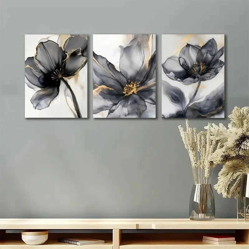 3pcs Black And Golden Abstract Flower Wall Art Set Canvas Framed 40x60cm - High Quality Print 100% Australian Made Wall Canvas Ready to Hang