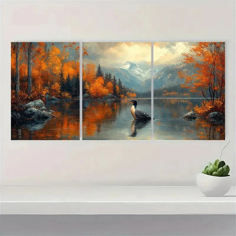 3pcs Loon Lake Landscape Painting Wall Art Set Canvas Framed 40x60cm - High Quality Print 100% Australian Made Wall Canvas Ready to Hang