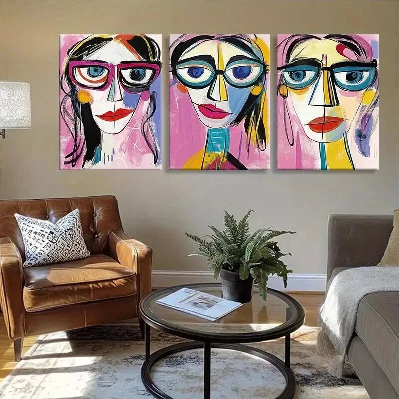 3pcs Colorful Faces Glasses Geometric Perfect Wall Art Set Canvas Framed 40x60cm - High Quality Print 100% Australian Made Wall Canvas Ready to Hang