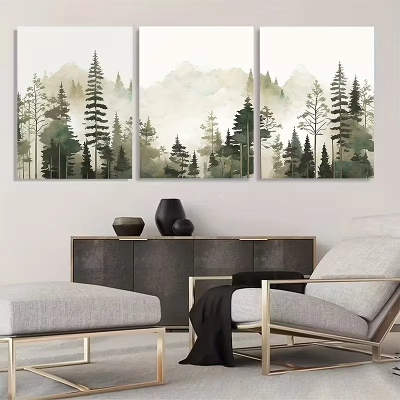 3pcs Misty Mountain Forest Watercolor Art Wall Art Set Canvas Framed 60x90cm - High Quality Print 100% Australian Made Wall Canvas Ready to Hang