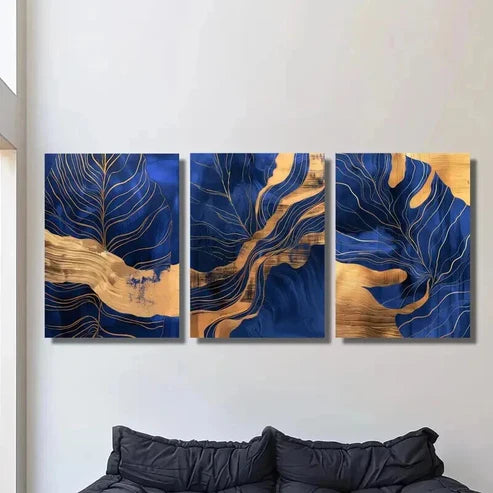 3pcs Blue and Golden Leaf and Turtle Design Wall Art Canvas Unframed - High Quality Print 100% Australian Made Wall Canvas