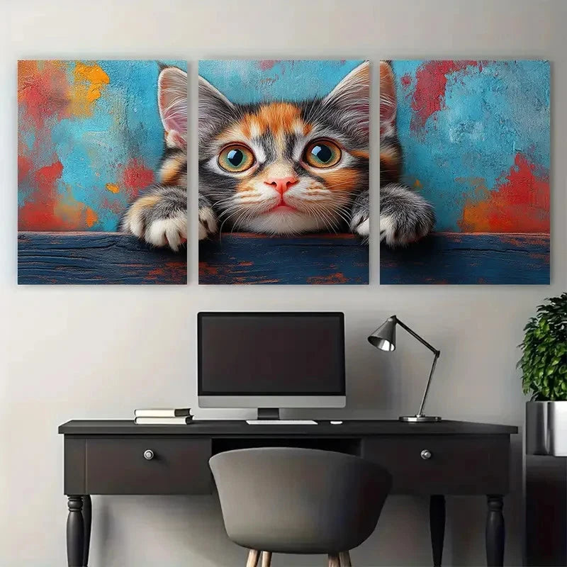 3pcs Adorable Tabby Cat Charming Perfect Wall Art Set Canvas Framed 40x60cm - High Quality Print 100% Australian Made Wall Canvas Ready to Hang