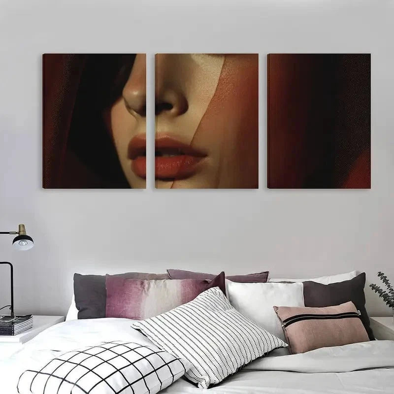 3pcs Woman Portrait with Dark Hair & Red Lips Wall Art Set Canvas Framed 60x90cm - High Quality Print 100% Australian Made Wall Canvas Ready to Hang
