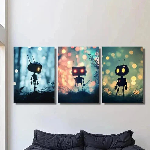 3pcs Fantasy Cute Robots in the Forest Wall Art Canvas Unframed - High Quality Print 100% Australian Made Wall Canvas