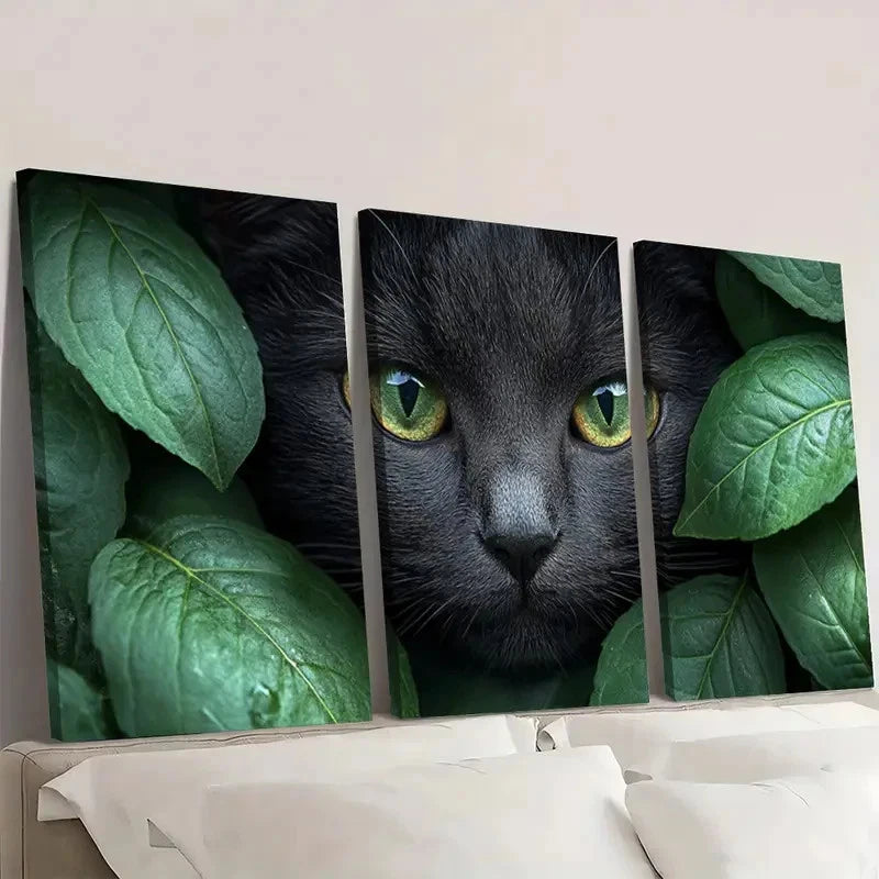 3pcs Charming Black Cat & Green Leaves Wall Art Set Canvas Framed 50x70cm - High Quality Print 100% Australian Made Wall Canvas Ready to Hang