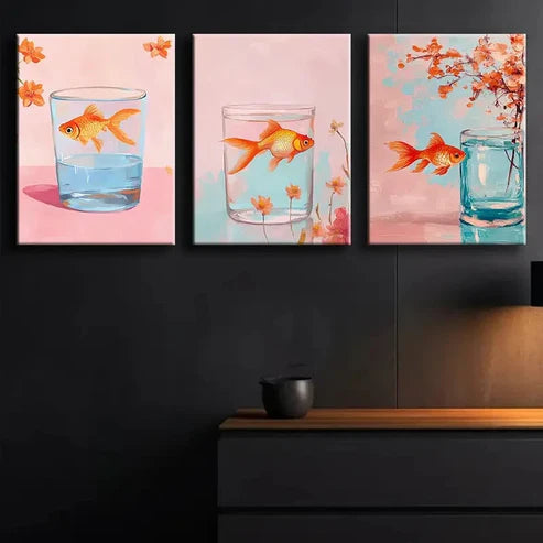 3pcs Colorful Goldfish in Glass Tank Perfect Wall Art Set Canvas Unframed - High Quality Print 100% Australian Made Wall Canvas