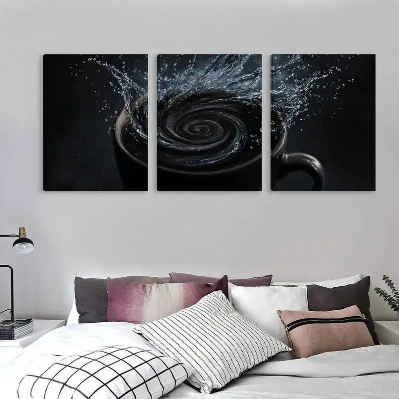 3pcs A Black Coffee cup with Water Splashing Wall Art Set Canvas Framed 60x90cm - High Quality Print 100% Australian Made Wall Canvas Ready to Hang