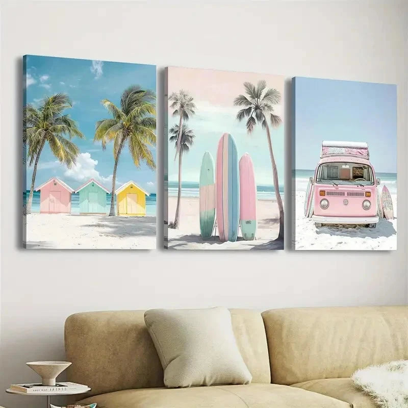 3pcs Pink Kombi Van And The Beach Wall Art Set Canvas Framed 50x70cm - High Quality Print 100% Australian Made Wall Canvas Ready to Hang