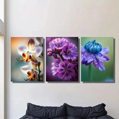 3pcs Purple & Blue Orchid Flowers Wall Art Canvas Unframed - High Quality Print 100% Australian Made Wall Canvas