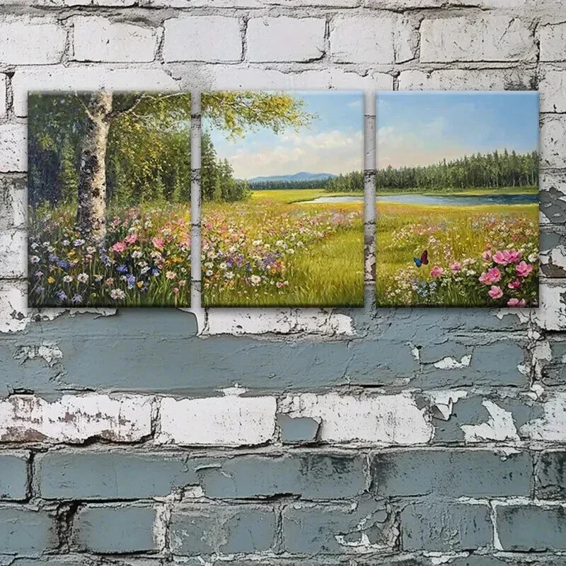 3pcs Vibrant Meadow with Flowers Décor Perfect Wall Art Set Canvas Framed 40x60cm - High Quality Print 100% Australian Made Wall Canvas Ready to Hang