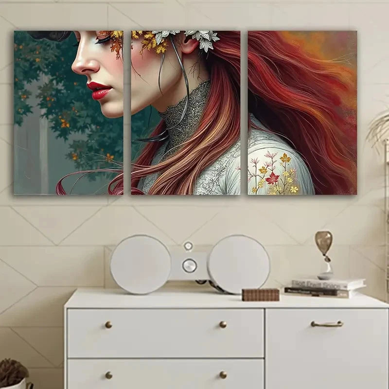3pcs Red Woman Portrait With Floral Accents Wall Art Set Canvas Framed 60x90cm - High Quality Print 100% Australian Made Wall Canvas Ready to Hang