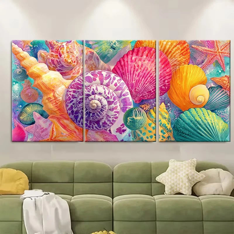 3pcs Colorful Seashell and Starfish Design Metal Print Ready to Hang Art