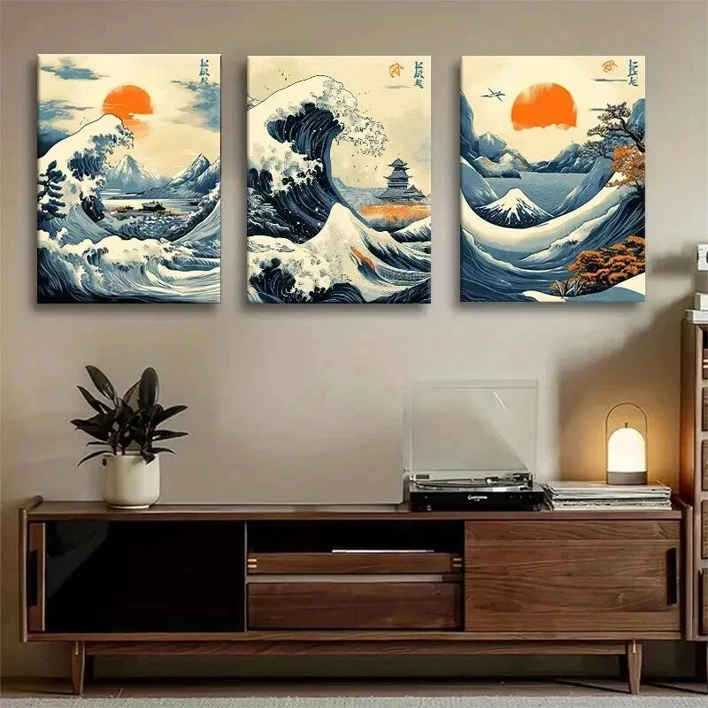 3pcs Japanese Wave Ukiyo-E Ocean Perfect Wall Art Set Canvas Framed 40x60cm - High Quality Print 100% Australian Made Wall Canvas Ready to Hang