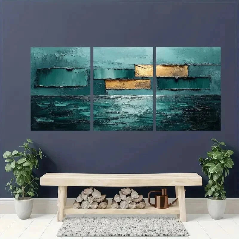 3pcs Teal Golden and Blue Tone Decoration Wall Art Set Canvas Framed 40x60cm - High Quality Print 100% Australian Made Wall Canvas Ready to Hang