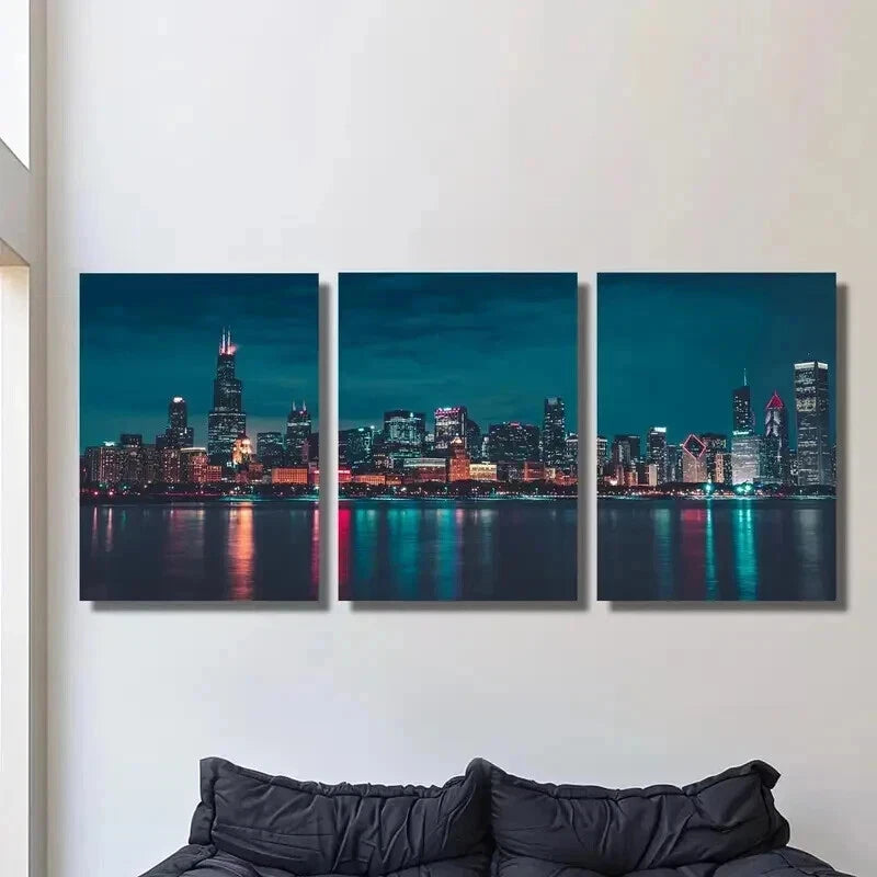 3pcs Night City with Reflective Skyscrapers Wall Art Set Canvas Framed 40x60cm - High Quality Print 100% Australian Made Wall Canvas Ready to Hang
