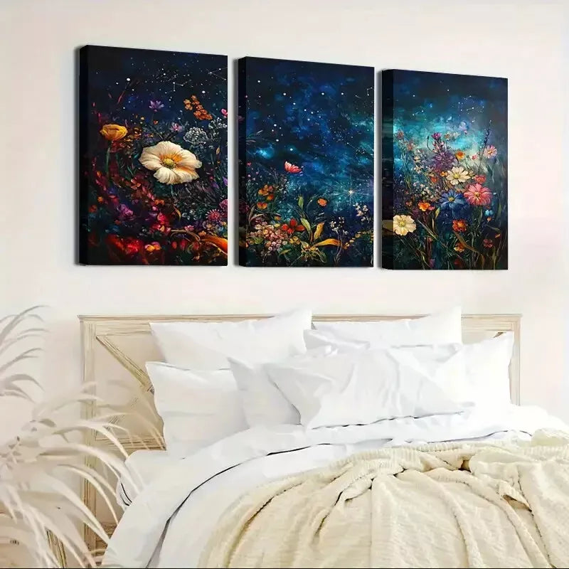 3pcs Modern Aesthetic Starry Sky Floral Night Wall Art Set Canvas Framed 50x70cm - High Quality Print 100% Australian Made Wall Canvas Ready to Hang - Bella Home Decor