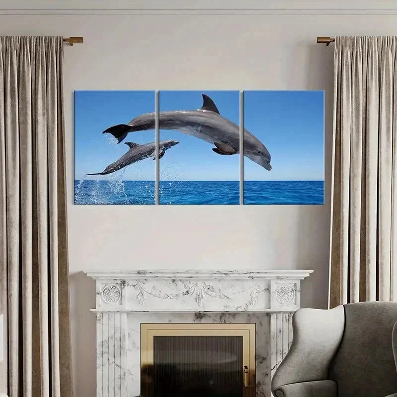 3pcs Vibrant Dolphins Leaping from the Ocean Wall Art Set Canvas Framed 40x60cm - High Quality Print 100% Australian Made Wall Canvas Ready to Hang