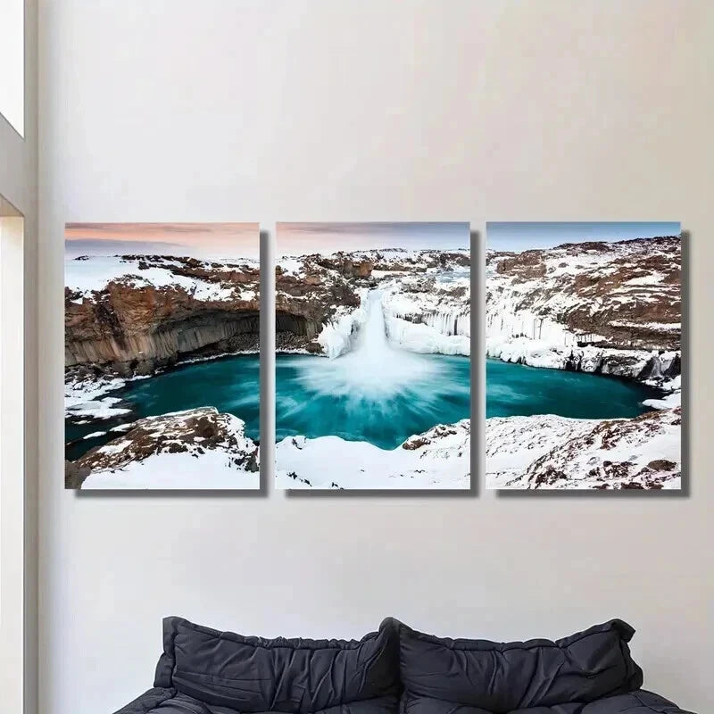 3pcs Iceland Waterfall Winter Snow Scene Wall Art Set Canvas Framed 40x60cm - High Quality Print 100% Australian Made Wall Canvas Ready to Hang