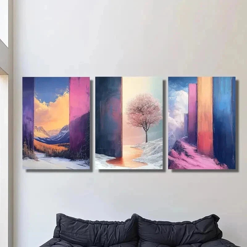 3pcs Cherry Blossoms & Color Block Graffiti Wall Art Set Canvas Framed 60x90cm - High Quality Print 100% Australian Made Wall Canvas Ready to Hang