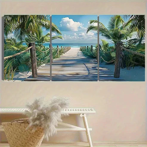 3pcs Tropical Beach Boardwalk Art Vintage Wall Art Set Canvas Unframed - High Quality Print 100% Australian Made Wall Canvas - Bella Home Decor