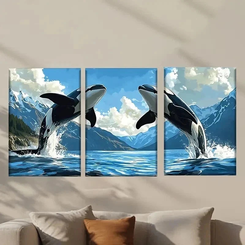 3pcs Two Killer Whales Jumping Out Wall Art Set Canvas Framed 40x60cm - High Quality Print 100% Australian Made Wall Canvas Ready to Hang