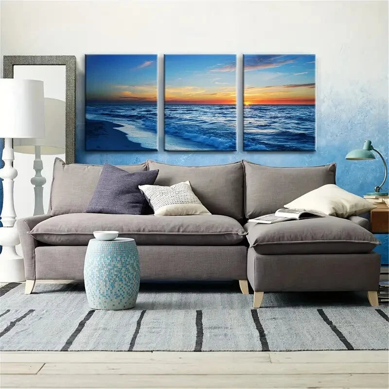 3pcs Vibrant Blue Ocean & Sky Wall Décor Perfect Wall Art Set Canvas Framed 40x60cm - High Quality Print 100% Australian Made Wall Canvas Ready to Hang