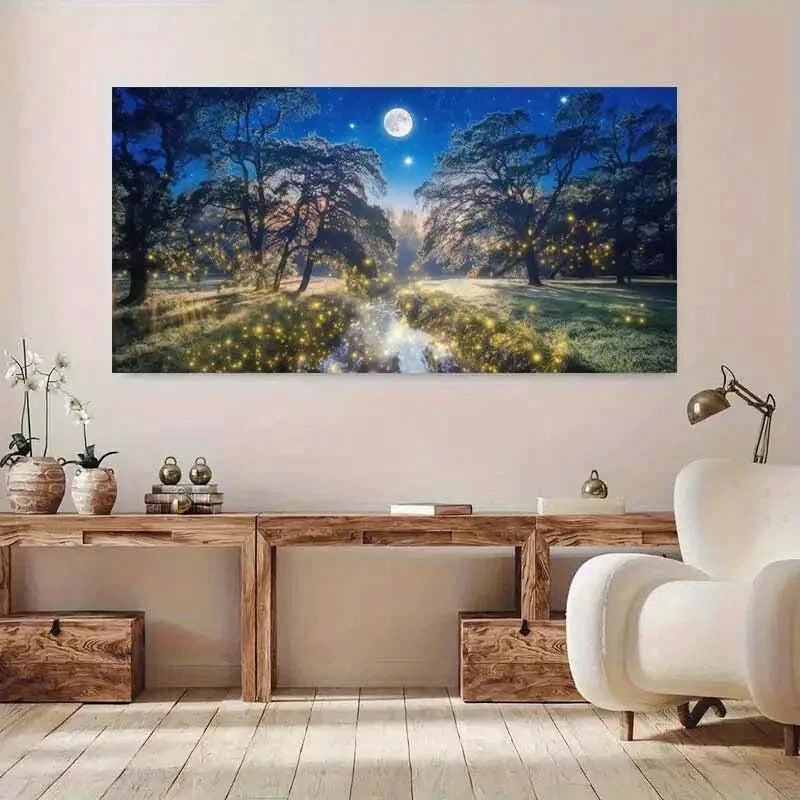 Moonlit Forest Fireflies wall canvas office home room framed 120x60cm