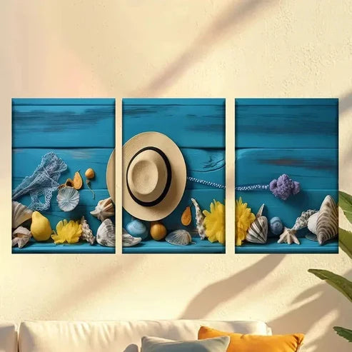 3pcs Beach-Themed Posters with Hat Wall Art Canvas Unframed – High Quality Print 100% Australian Made Wall Canvas