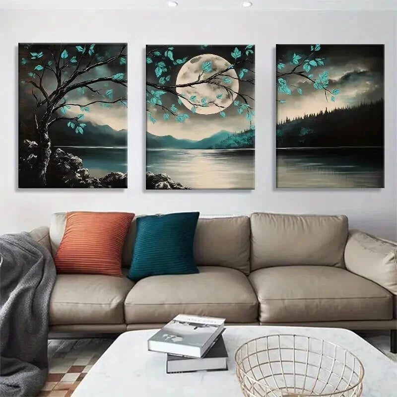 3pcs Tranquil Moonlit Forest Lake And Tree Wall Art Set Canvas Framed 40x60cm - High Quality Print 100% Australian Made Wall Canvas Ready to Hang