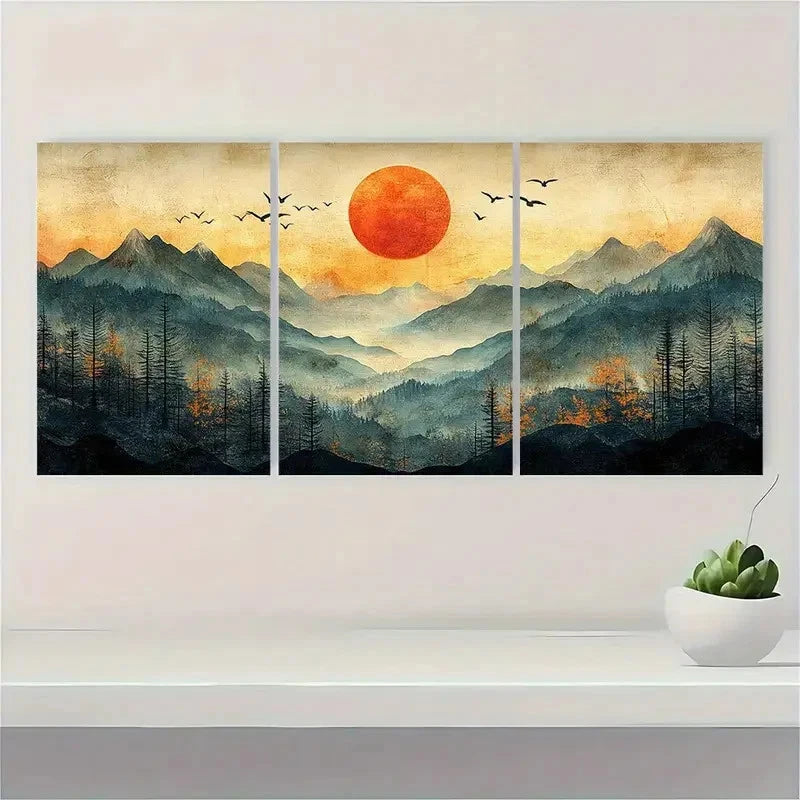 3pcs Mountain Landscape with Sun and Birds Wall Art Set Canvas Framed 40x60cm - High Quality Print 100% Australian Made Wall Canvas Ready to Hang