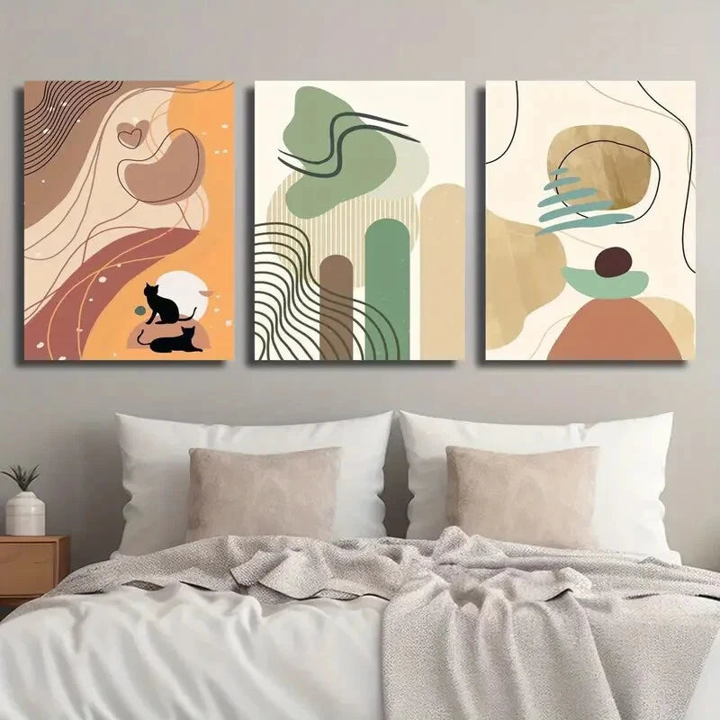 3pcs Animal Cat Illustration Stylish Perfect Wall Art Set Canvas Framed 40x60cm - High Quality Print 100% Australian Made Wall Canvas Ready to Hang