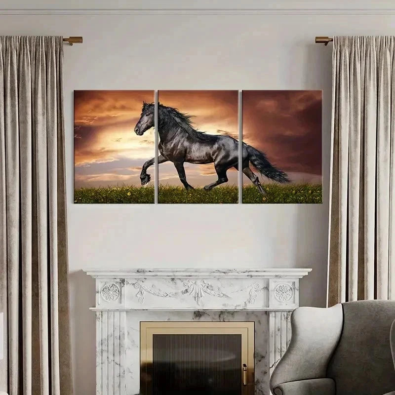 3pcs Majestic Black Horse Running Modern Wall Art Set Canvas Framed 40x60cm - High Quality Print 100% Australian Made Wall Canvas Ready to Hang