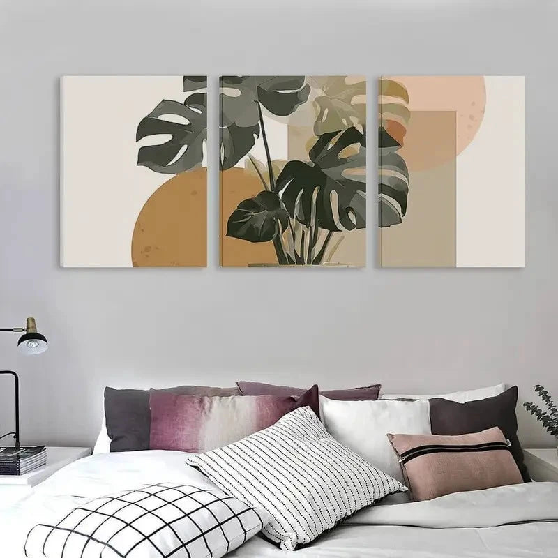 3pcs Modern Abstract Monstera Leaves Nature Art Wall Art Set Canvas Framed 60x90cm - High Quality Print 100% Australian Made Wall Canvas Ready to Hang