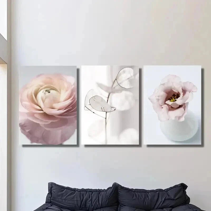 3pcs Pink Tudan Roses and Silver Fan Leaves Wall Art Set Canvas Framed 40x60cm - High Quality Print 100% Australian Made Wall Canvas Ready to Hang