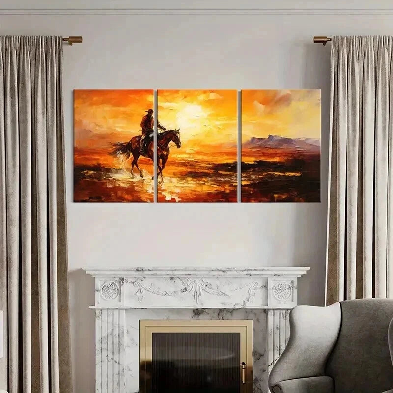 3pcs Cowboy on Horse in Sunset Landscape Wall Art Set Canvas Framed 40x60cm - High Quality Print 100% Australian Made Wall Canvas Ready to Hang