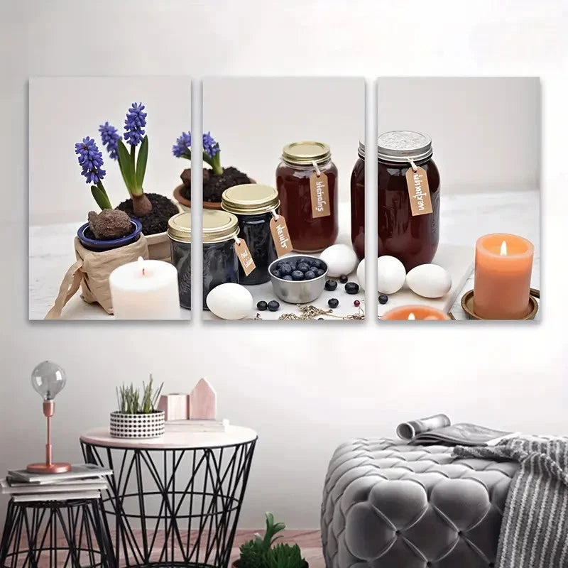 3pcs Table with a vase of flowers and jars Wall Art Set Canvas Framed 60x90cm - High Quality Print 100% Australian Made Wall Canvas Ready to Hang