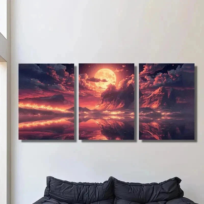 3pcs Dreamy Red Moon Sky Scenery Decor Wall Art Set Canvas Framed 40x60cm - High Quality Print 100% Australian Made Wall Canvas Ready to Hang