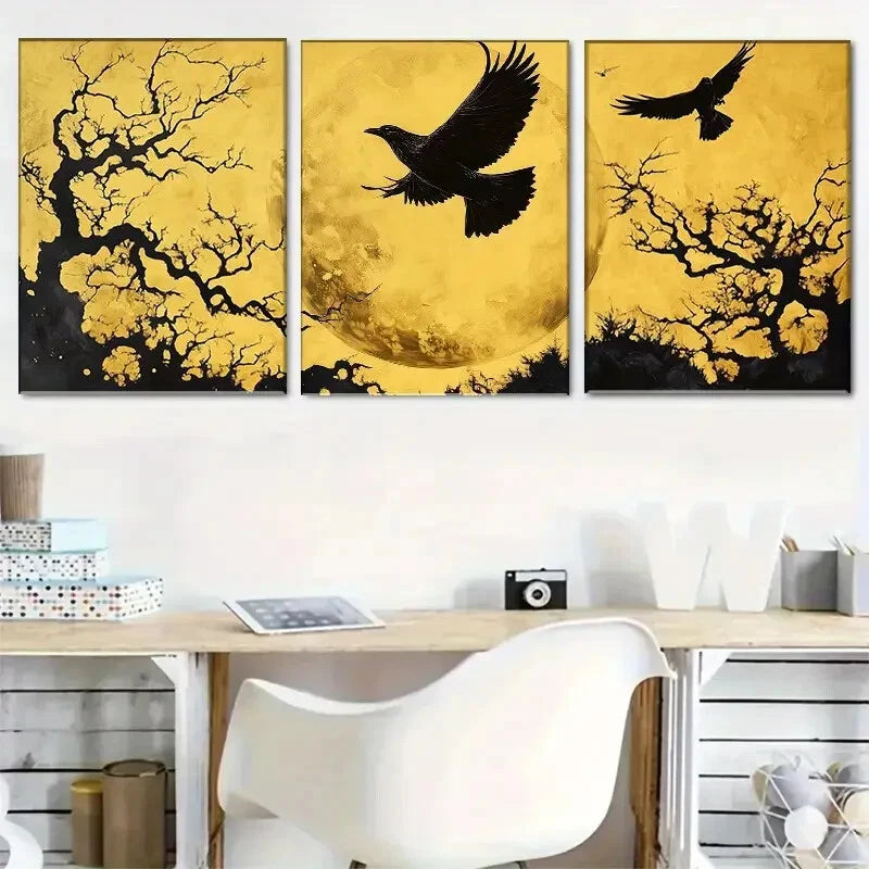 3pcs Moonlit Raven Flying Crows Golden Perfect Wall Art Set Canvas Framed 40x60cm - High Quality Print 100% Australian Made Wall Canvas Ready to Hang