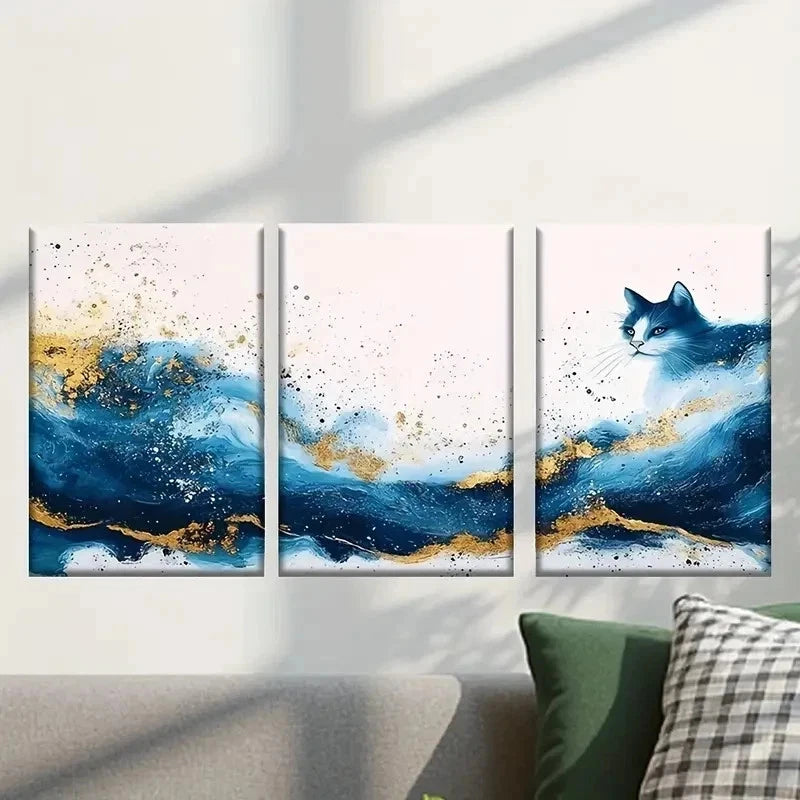 3pcs Cat with Blue and Golden Paint Wall Art Set Canvas Framed 40x60cm - High Quality Print 100% Australian Made Wall Canvas Ready to Hang